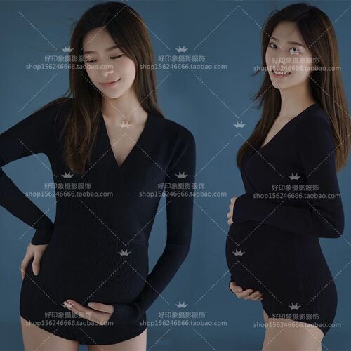 影楼孕妇新款艺术写真主题服影楼黑色针织卡其色摄影照针织连体衣