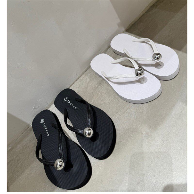 2025夏季新款人字拖女外穿厚底纯色百搭光面球球防滑沙滩夹脚拖鞋