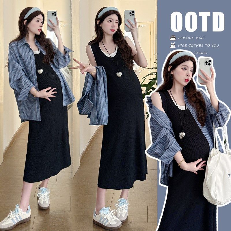 孕妇装春装长袖条纹衬衫春季背心裙春秋两件套连衣裙孕妇套装裙子