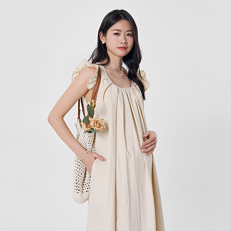 孕妇连衣裙夏装女2025新款法式甜美小飞袖裙子宽松遮肚度假风长裙