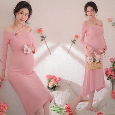 影楼新款温柔风粉色内搭针织连衣裙长袖气质绝美设计感长裙日常女