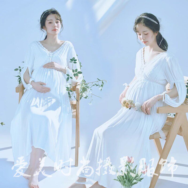 影楼新款孕妇照服装法式复古白色连衣裙摄影艺术拍照写真主题服饰