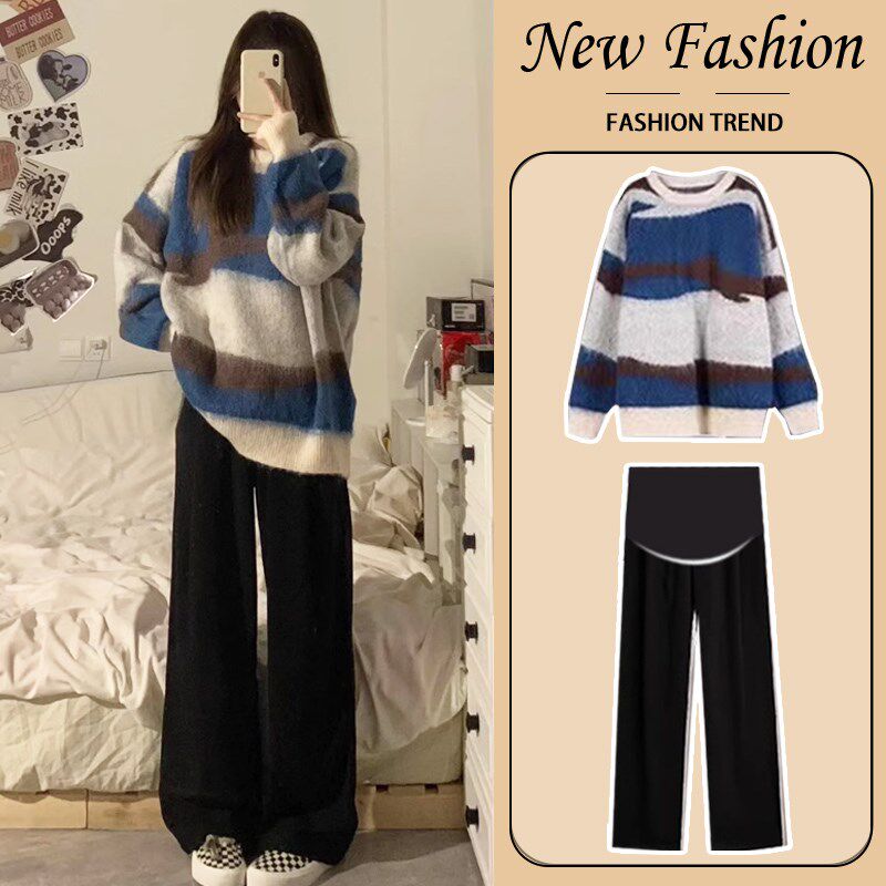 孕妇春装套装时尚洋气2024新款毛衣上衣条纹春秋款大码遮肚两件套