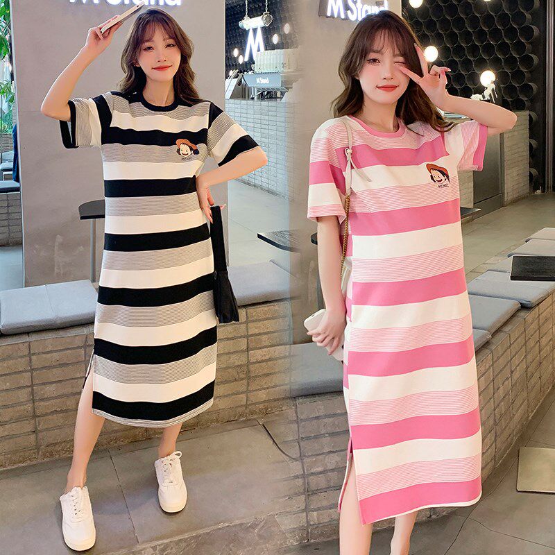 大码夏季新款孕妇装连衣裙时尚卡通印花条纹短袖t恤裙子夏装200斤
