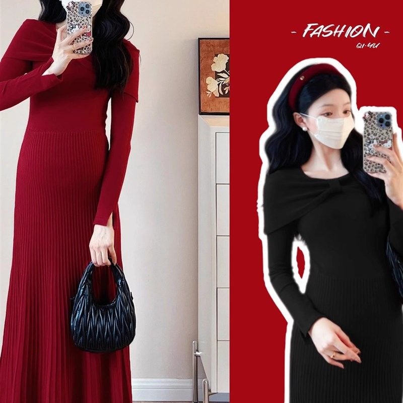 孕妇装秋冬装设计感长袖针织连衣裙2025新款孕妇裙冬装保暖打底裙