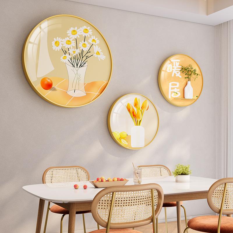 现代风餐厅晶瓷装饰画组合挂画轻奢背景圆形画墙面餐桌墙面饰品画图片