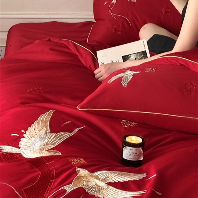 简约新中式喜字婚庆四件套喜鹊花鸟刺绣H红色结婚床单被套床上用