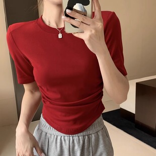 酒红色垫肩短款上衣女夏季纯欲辣妹不规则弧形下摆小个子短袖t恤