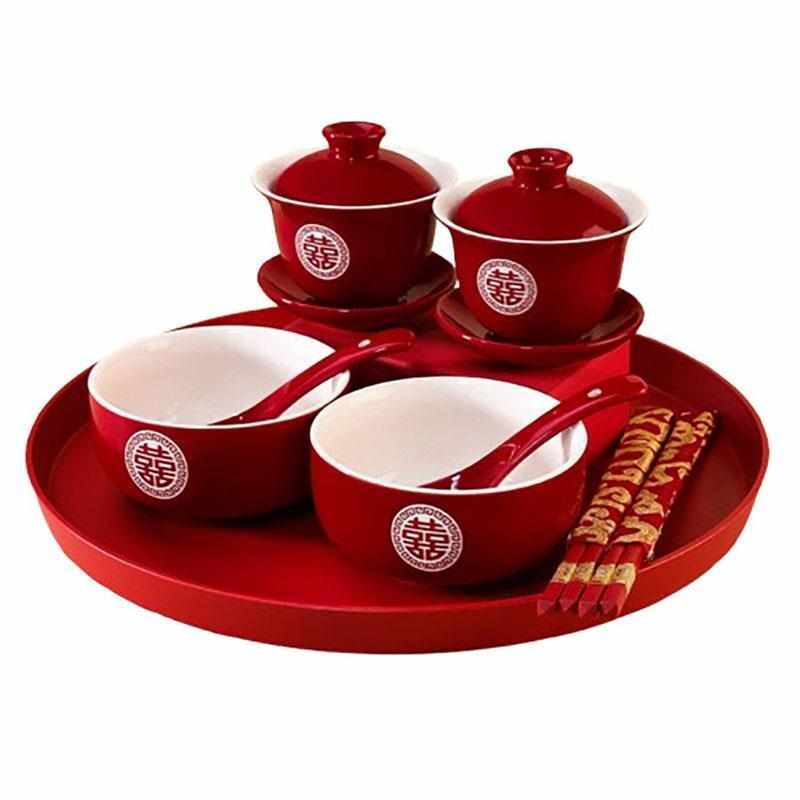 敬茶杯结婚喜碗套j装敬酒茶杯改口对碗红碗一对碗筷红色婚礼龙凤