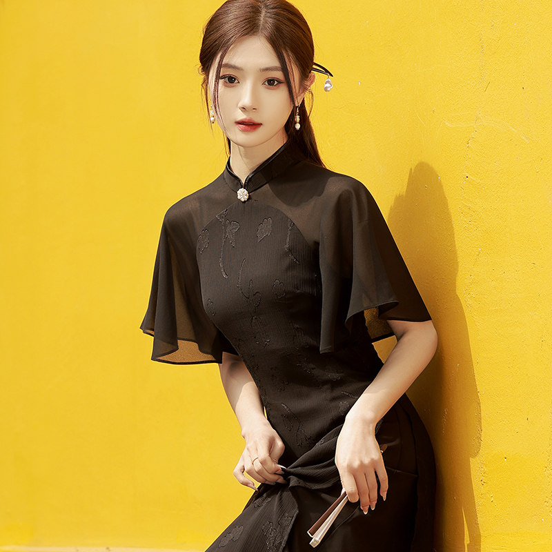 黑色旗袍2025新款年轻款高端气质新中式雪纺茶服女夏季茶艺师服装