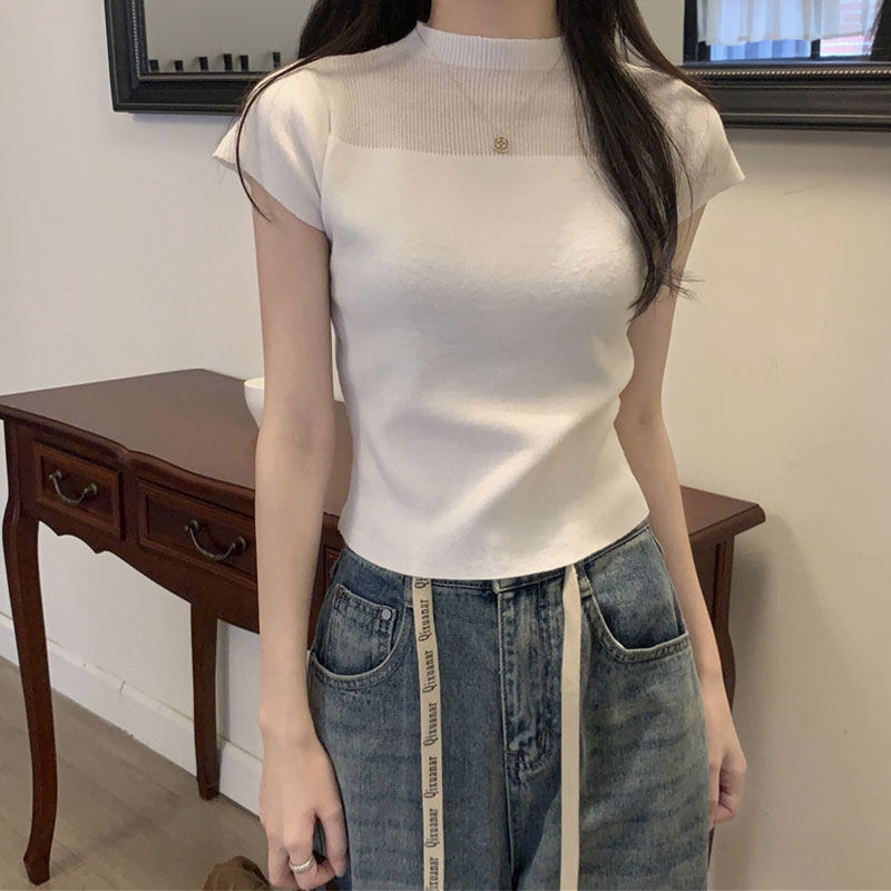 白色短袖t恤女夏季2025新款半高领针织衫修身显瘦小个子短款上衣
