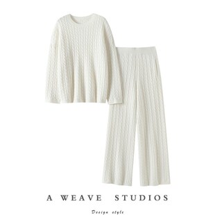 子女套装 女圆领针织休闲直筒裤 加厚100%纯山羊绒衫 启超气质逆天