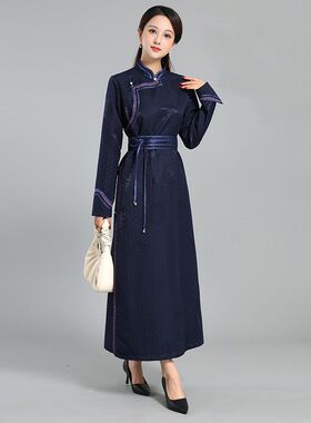 蒙古族服装女传统蒙古袍手工盘扣立领宽松长袍现代改良日常生活装