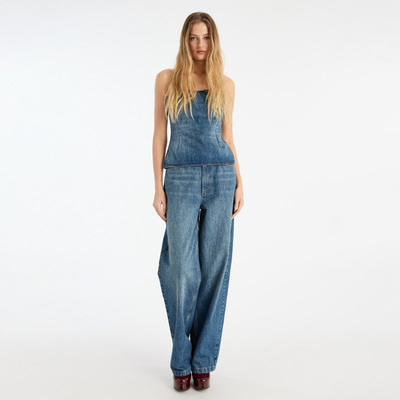 Rotate 复古水洗休闲宽腿五口袋高腰牛仔裤