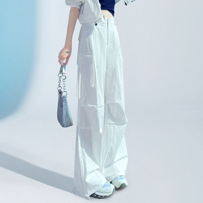 白色美式速干工装裤女高个子加长运动伞兵阔腿裤2026春夏薄款冰丝