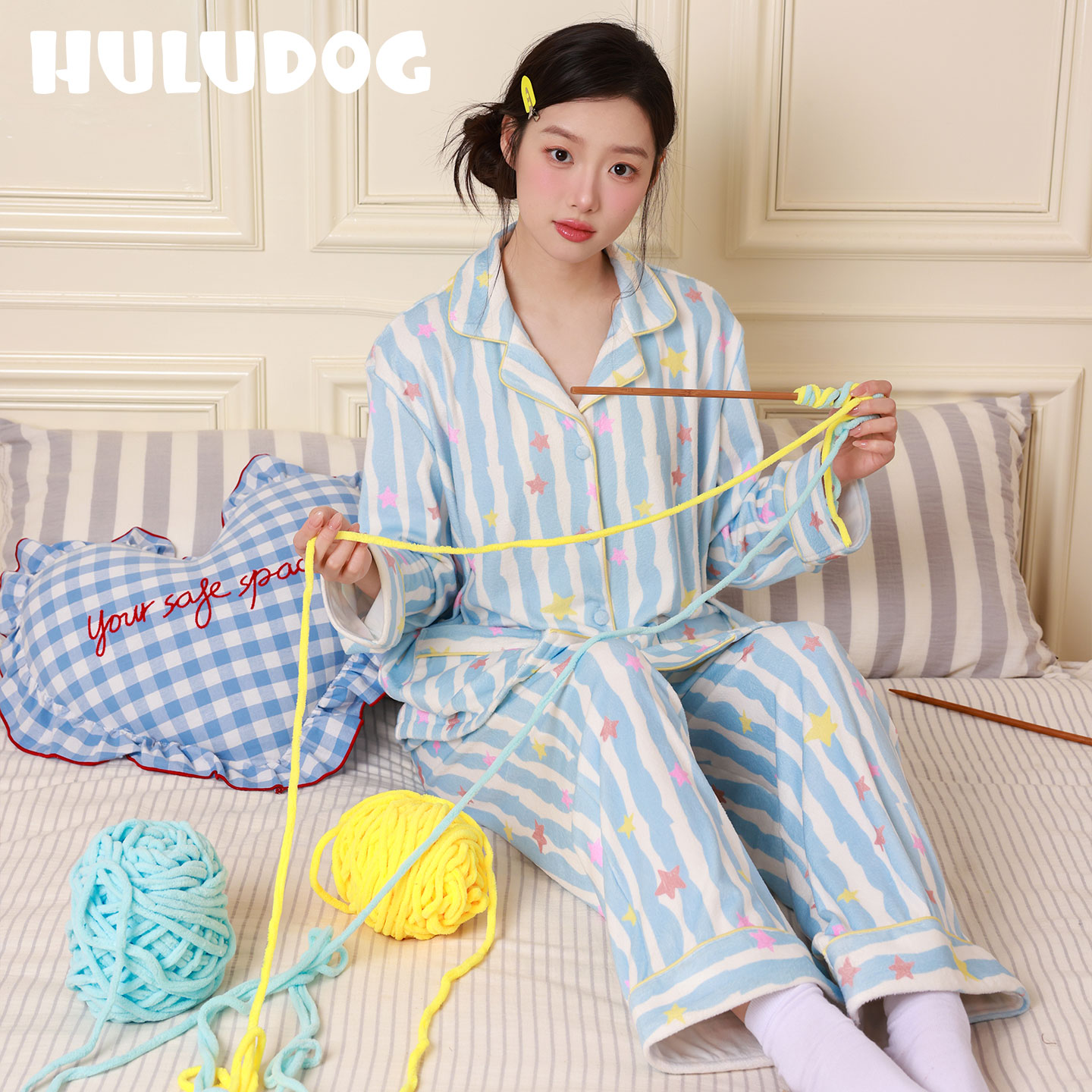 HULUDOG海岛绒冬季女睡衣套装