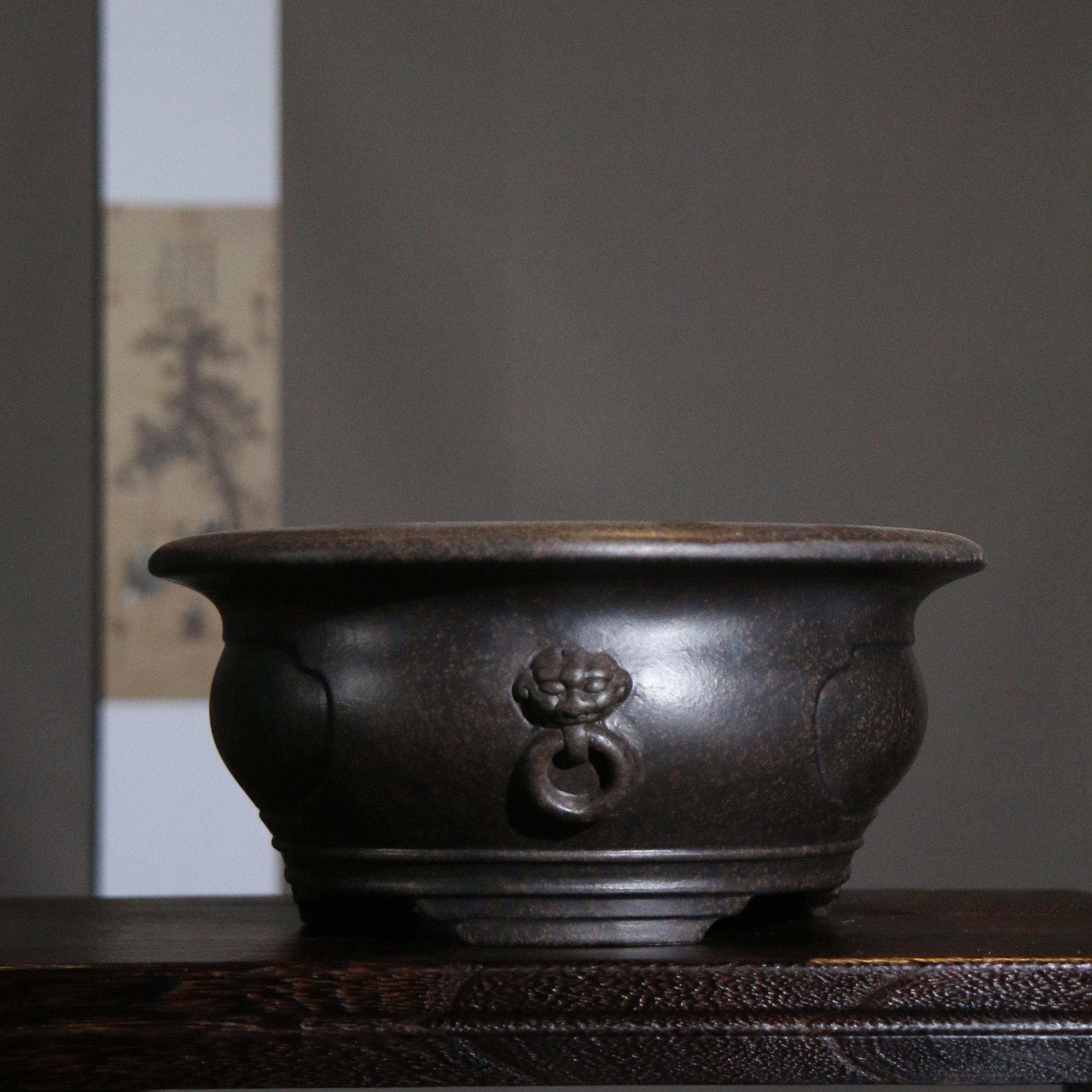 紫砂花盆圆形兽面狮子精工圆碗盆觅陶乡新品原矿泥料盆景盆