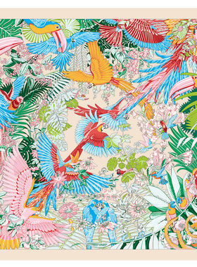 H家飞鸟嘉年华中古款高档90方巾100%桑蚕丝女斜纹真丝围巾裱框画