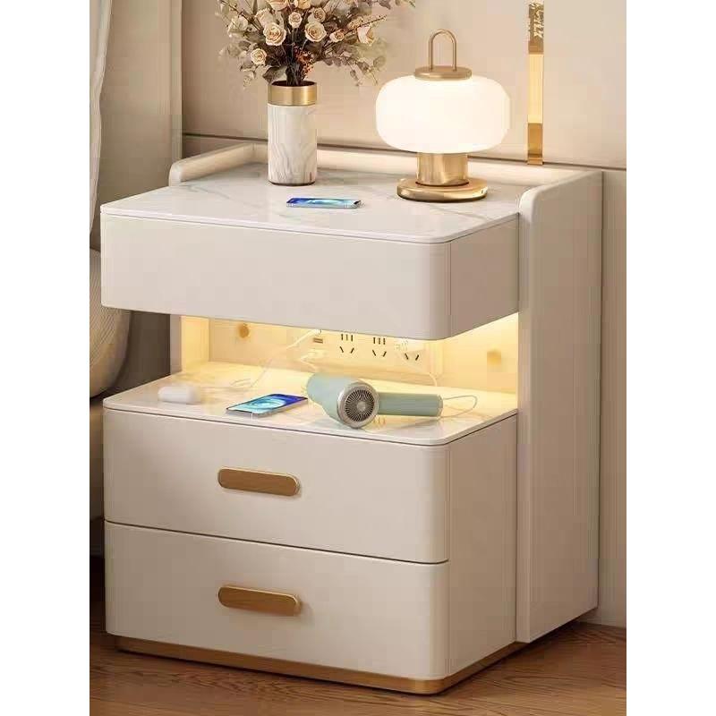 2025新款简约现代免安装卧室多功能岩板家用实木智能床头柜