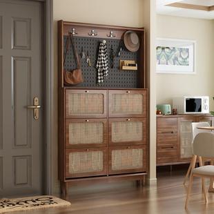 胡桃色极窄鞋柜带挂衣架一体家用门口入户门玄关隔断洞洞板衣帽架