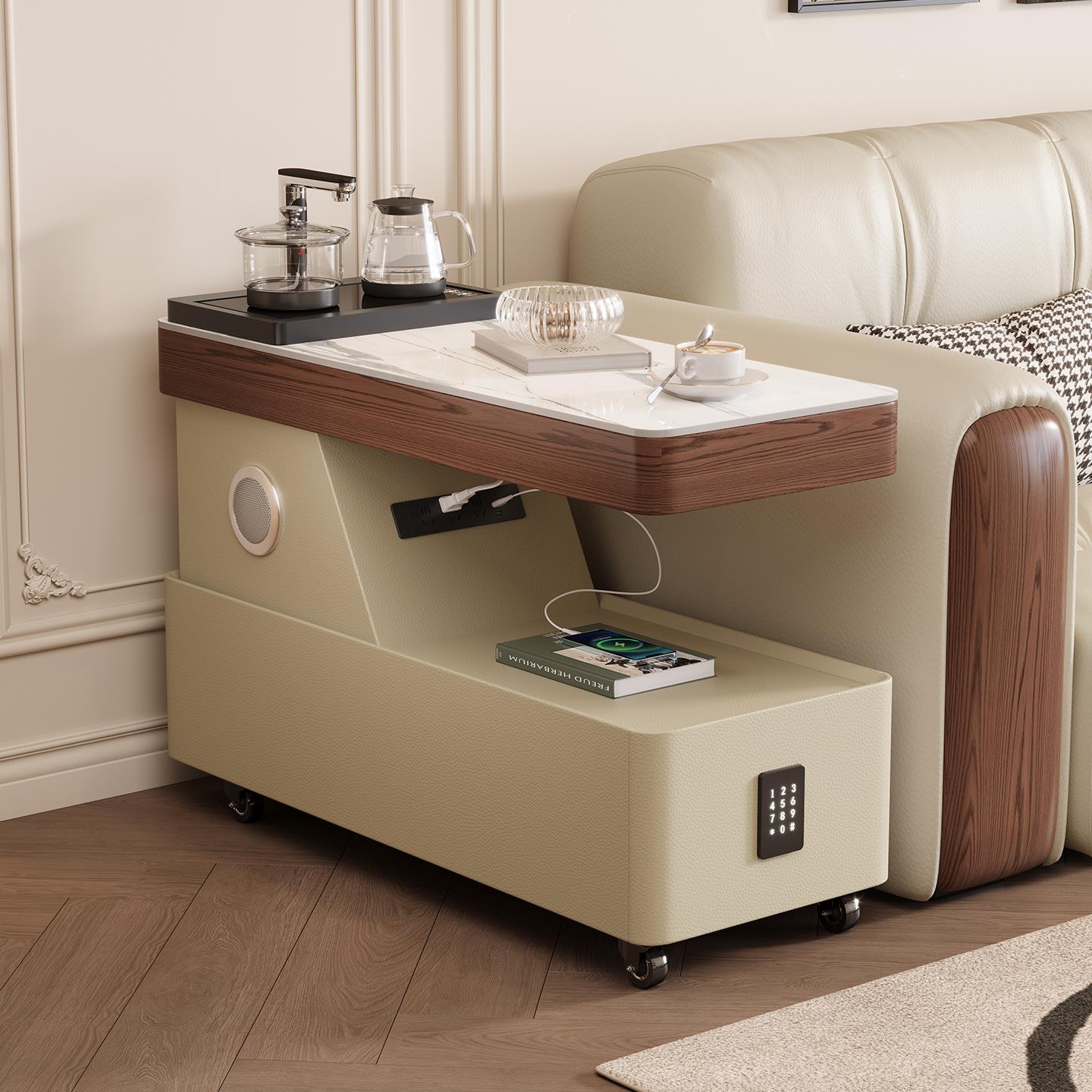 现代简约多功能全实木边几推车储物茶几带轮可移动小户型岩板边柜