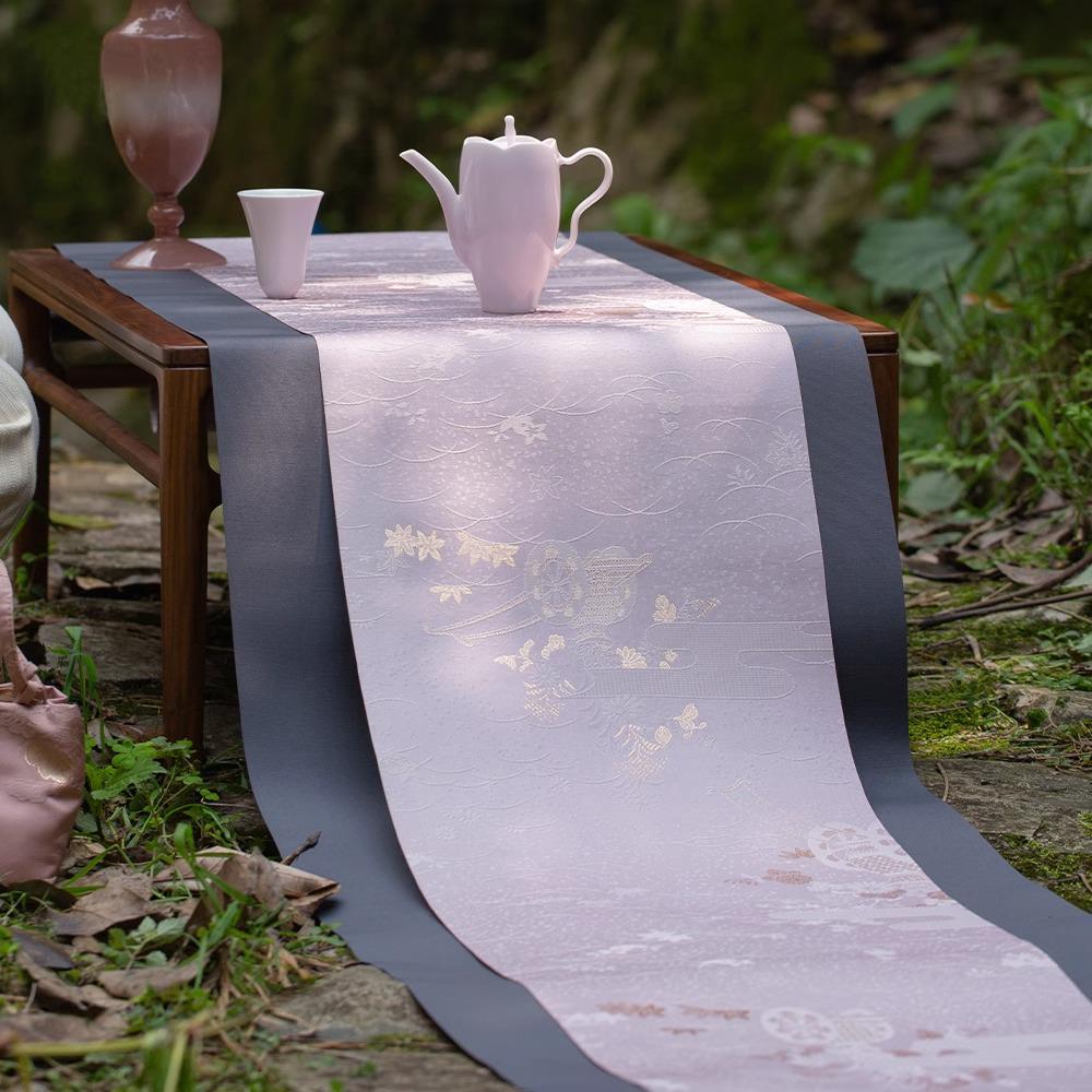 载春归织锦茶席覆古中式茶桌桌布垫子双面禅意布艺喝茶桌旗C014