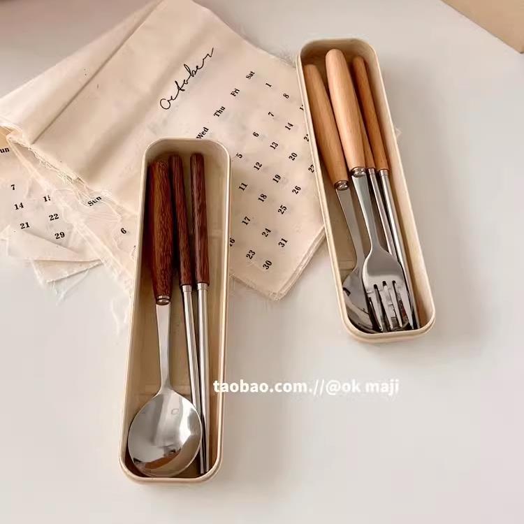 上班便携餐具三件套原木不锈钢筷子勺子叉子套装简约复古餐叉餐勺