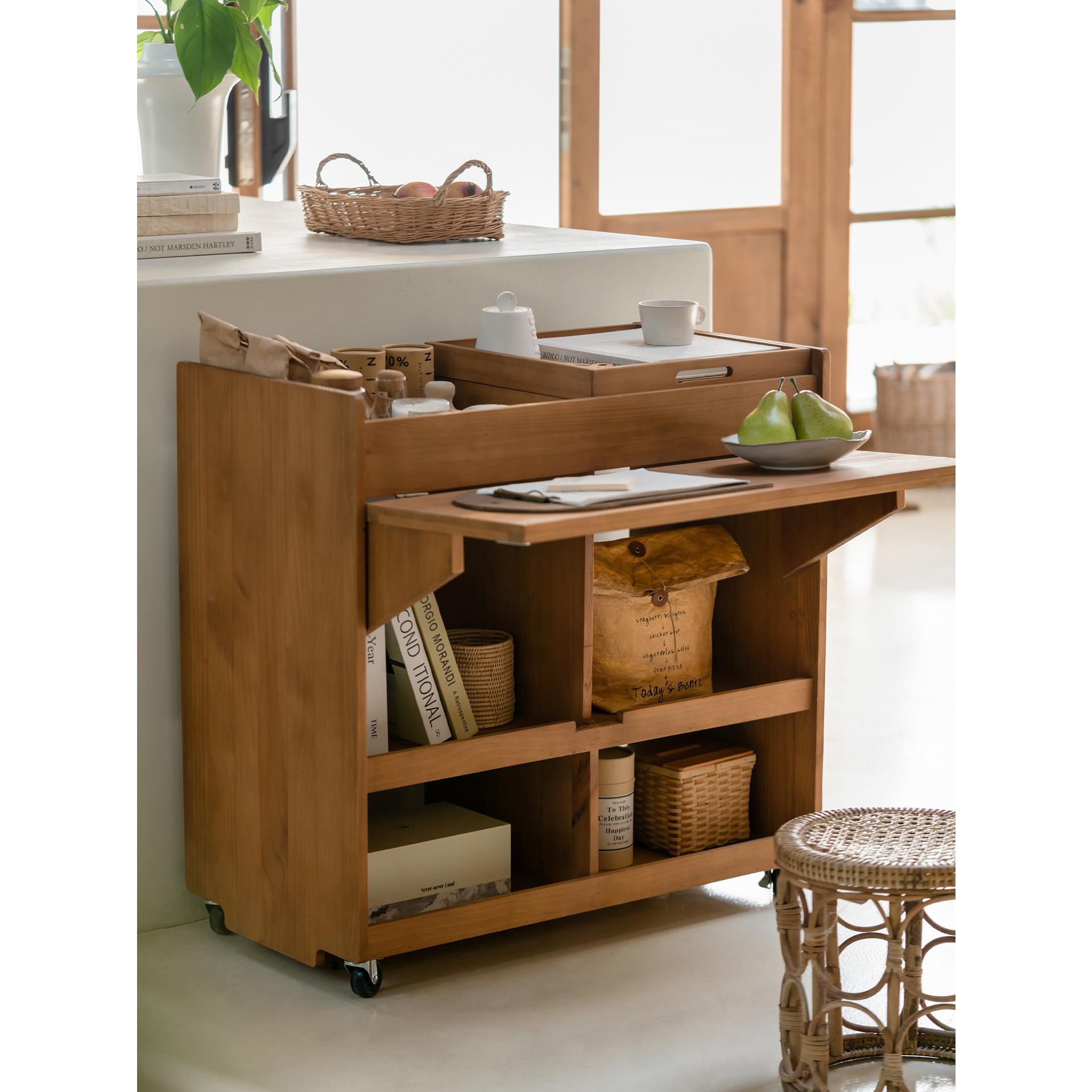 润家家居中古实木多功能折叠推车可移动茶几工作台收纳柜储物边柜
