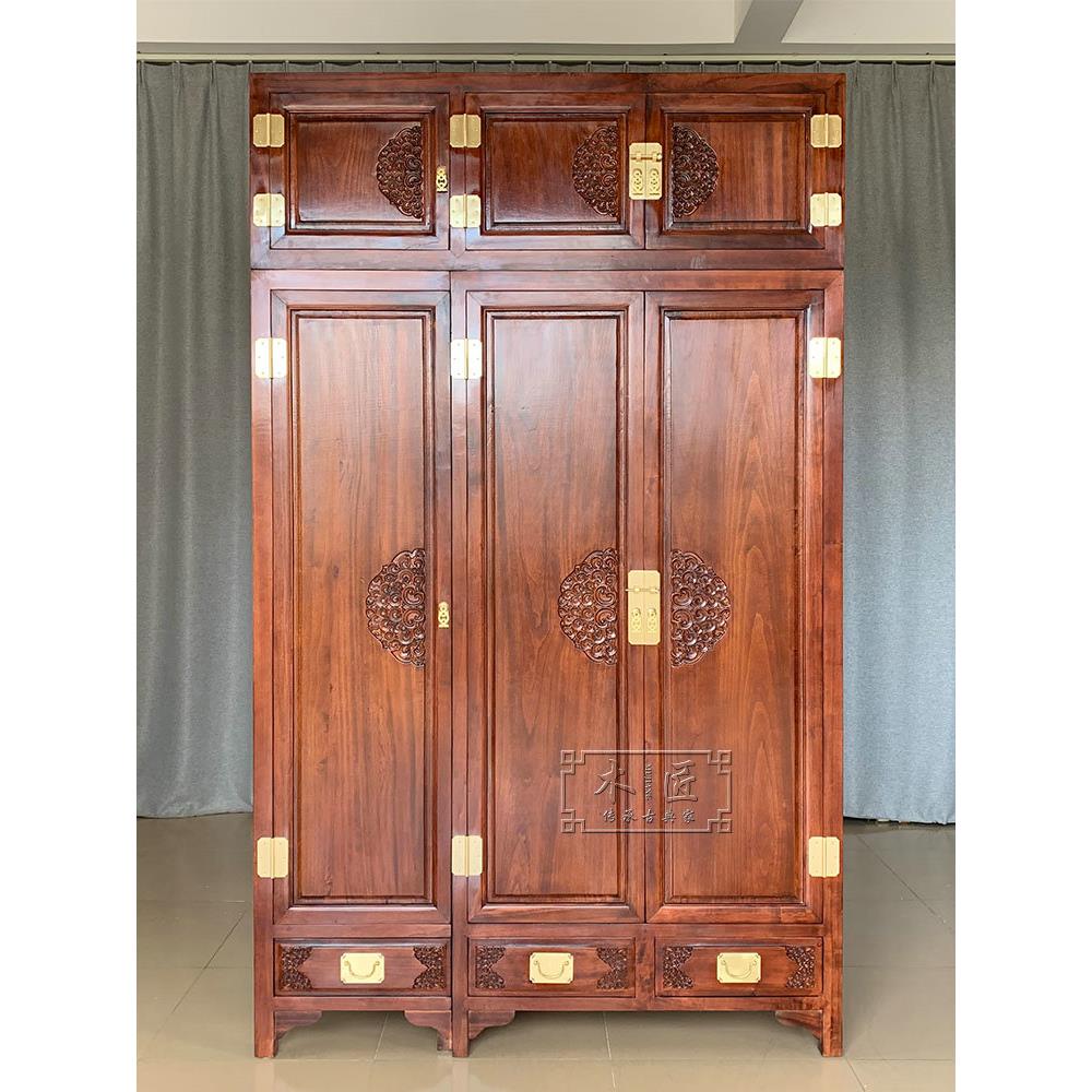中式衣柜全香樟木顶箱柜三门衣橱卧室大容量储物收纳雕花立柜防潮
