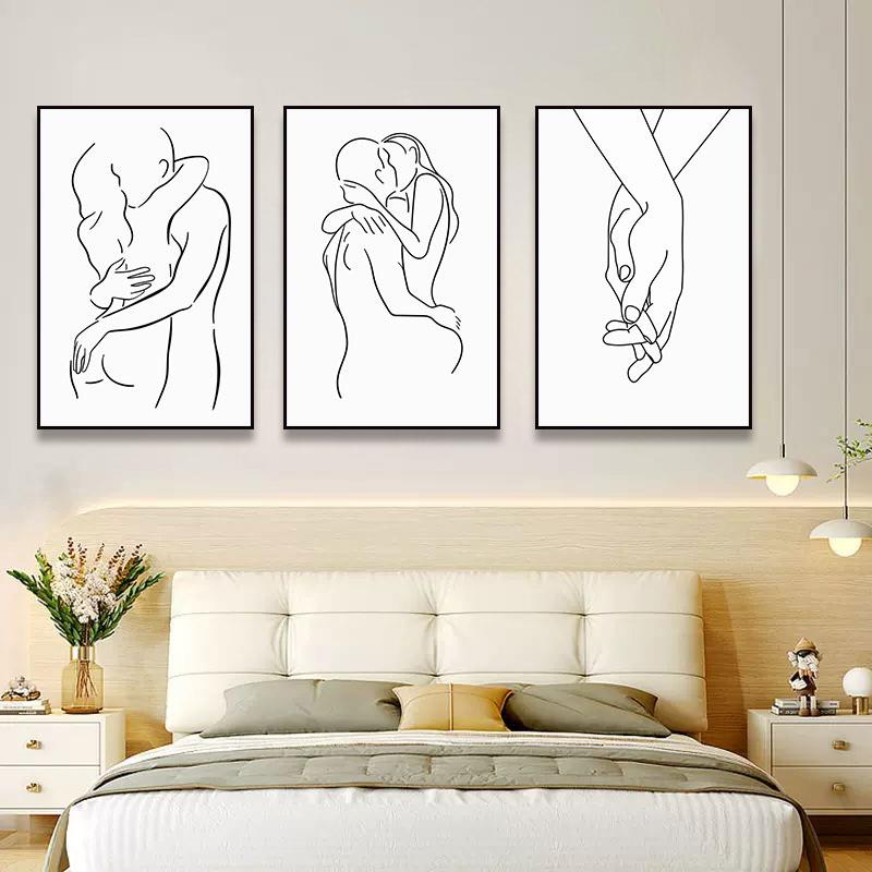 抽象情侣线条装饰画艺术卧室床头极简恩爱挂画卫生间性感女人壁画图片