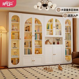 阿格贝贝书柜带玻璃门法式落地钢制书架客厅整墙柜子防尘置物柜