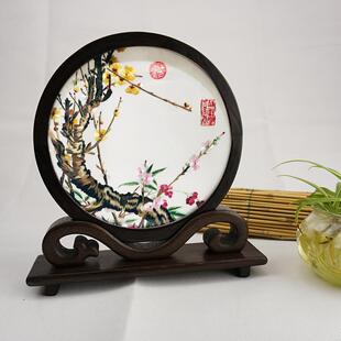 湘绣纯手工双面绣礼品小Q架摆件刺绣胡桃木摆台中国风出国小礼品