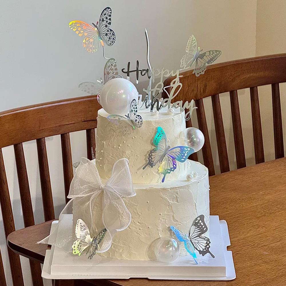 网红ins风蛋糕装饰摆件镭射立体幻彩蝴蝶丝带仙女神生日派对插件