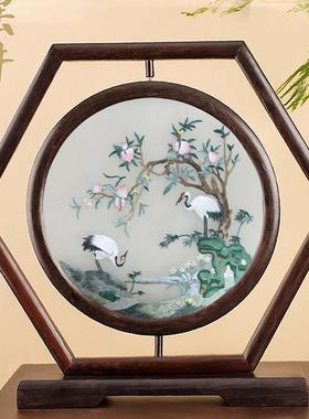 苏绣桌面屏风创意刺绣摆件中国风中式家居红木台屏手工双面绣摆台