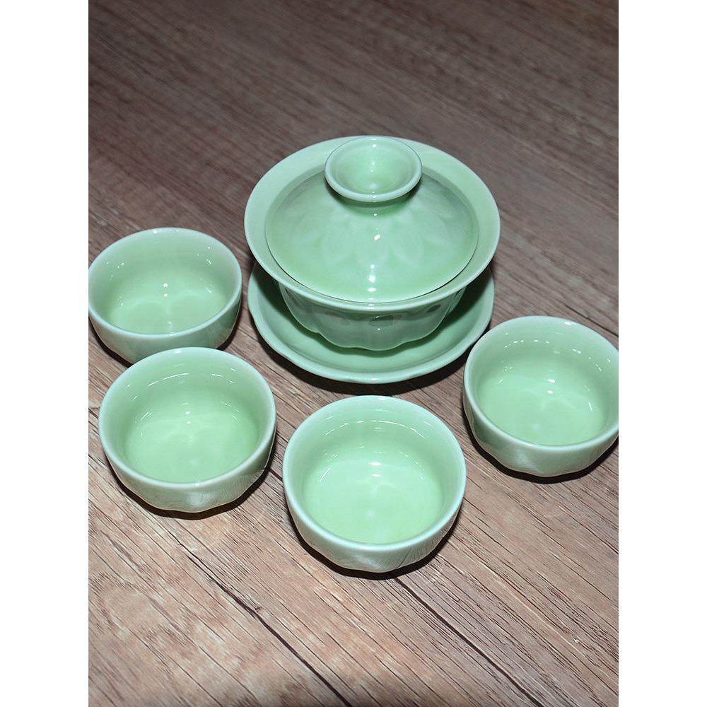 青瓷盖碗茶具家用潮汕功夫茶具茶杯陶瓷三才盖碗杯子泡茶浅绿色