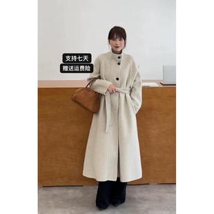 韩版 立领双面羊毛大衣女长版 A型系带裙摆羊毛外套 新款 2025年秋季