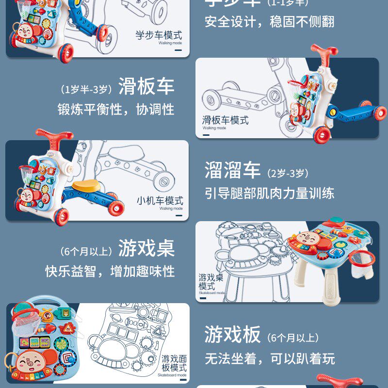 婴儿玩具多功能学步车防侧翻防oC型腿周岁礼物学步手推车6个月