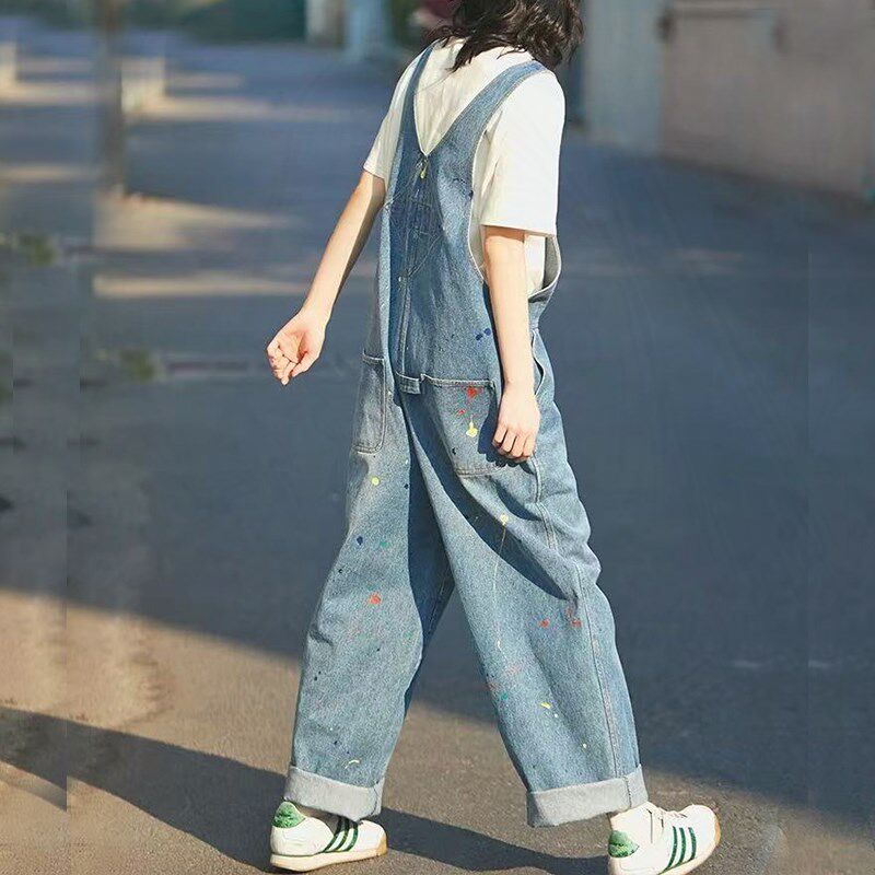 工装背带裤女夏季新款涂鸦休闲款式百搭直筒牛仔裤小个子减龄俏皮
