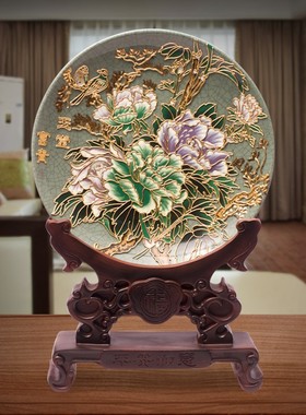 玉堂富贵纹片盘新中式漆线雕摆件金箔饰品新婚S生日乔迁开业礼品