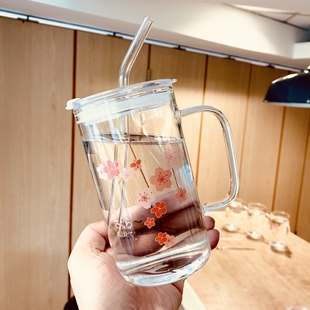 水杯玻璃杯带盖吸管大容量带把刻度加厚耐热茶杯办公Y室杯子女可