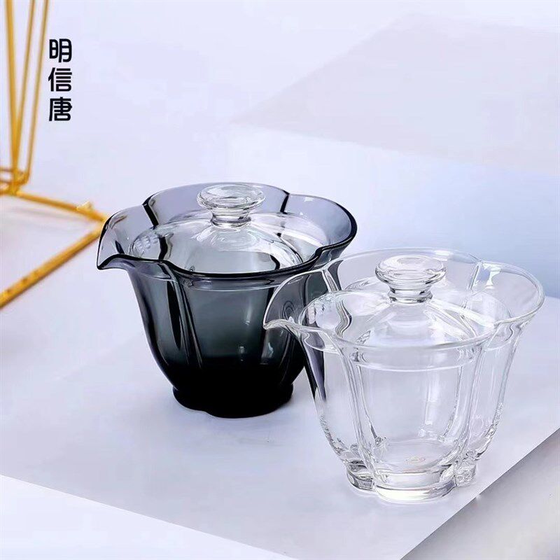 百财盖碗高硼硅玻璃耐热高透高货白色透黑M色日式套杯品茗杯套组