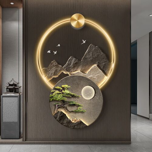 迎客松新中式玄关装饰画入户门带灯立体壁K饰高档客厅走廊过道挂