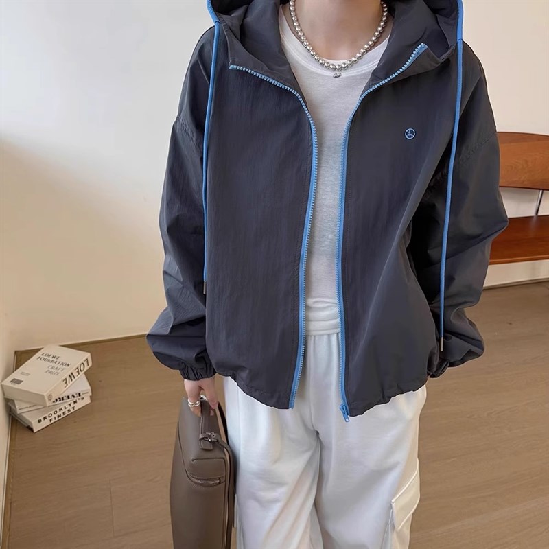 欧货撞色连帽短外套女春夏薄款小个子宽松百搭抽绳设计感冲锋衣潮