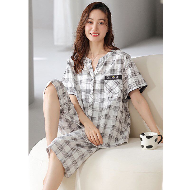 梭织纯棉睡衣女士短袖七分裤开衫全棉纱布大码家居服套装夏季薄款