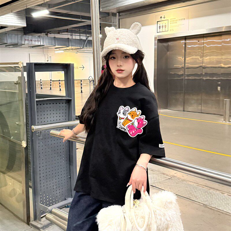文文不乖复古小猫魔术贴短袖T恤贴布男女夏季宽松情侣纯棉上衣