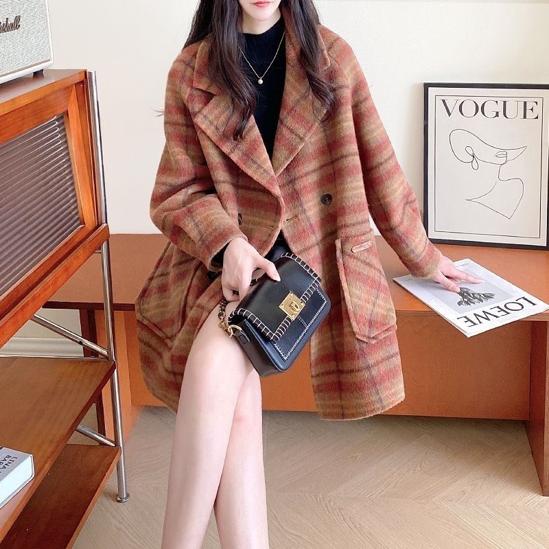 格子双面呢子大衣女装2025年新款中长款宽松大码显瘦西装毛呢外套