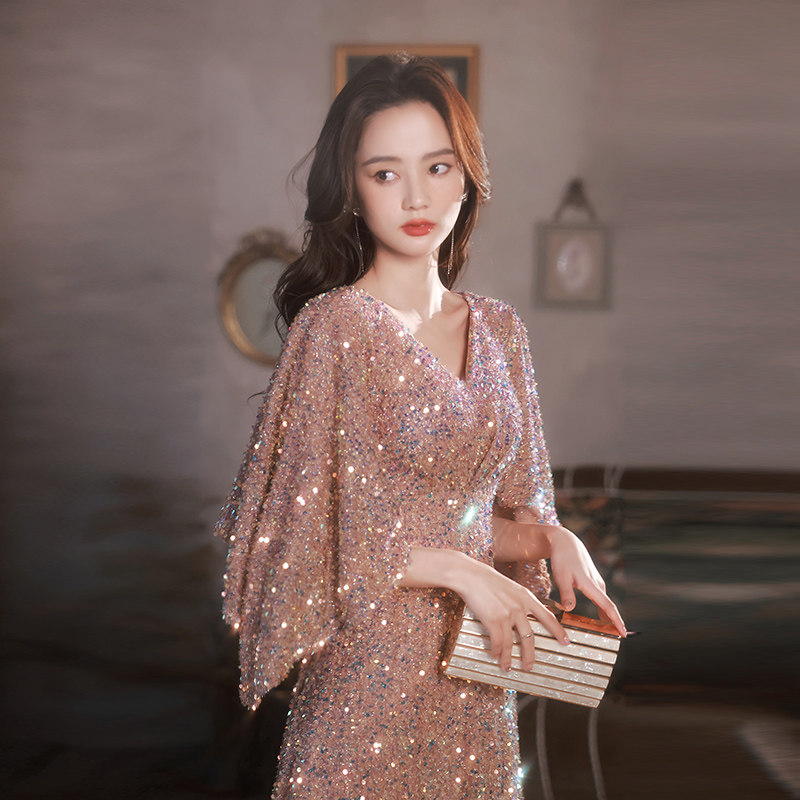 大码晚礼服女年会宴会主持人演出胖mm加肥显瘦高级感新娘结婚敬酒