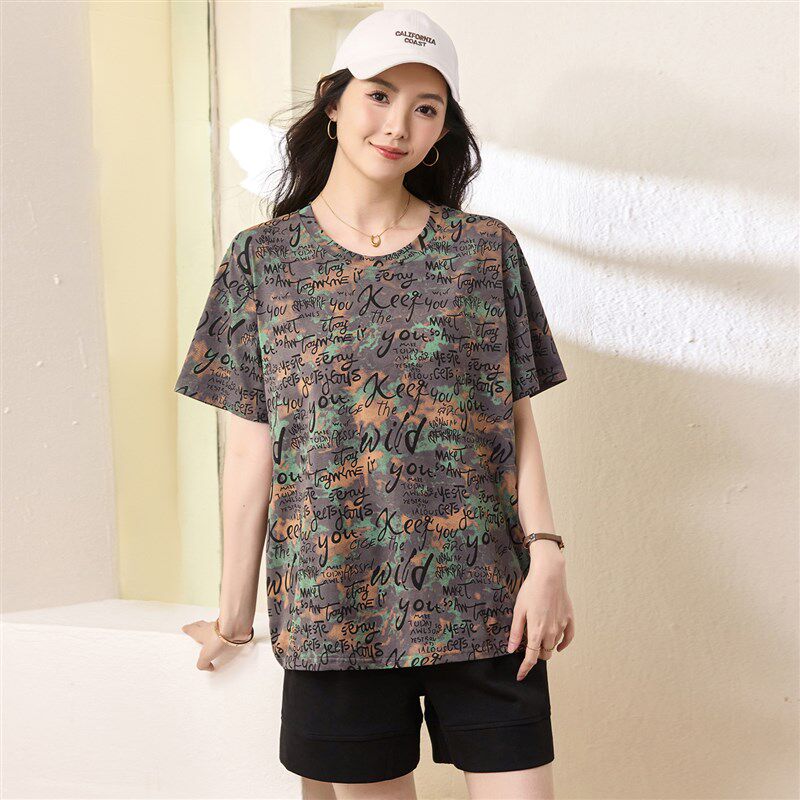 大尺码女装夏装200斤胖妹妹百搭时尚休闲 上衣胖mm宽松显瘦短