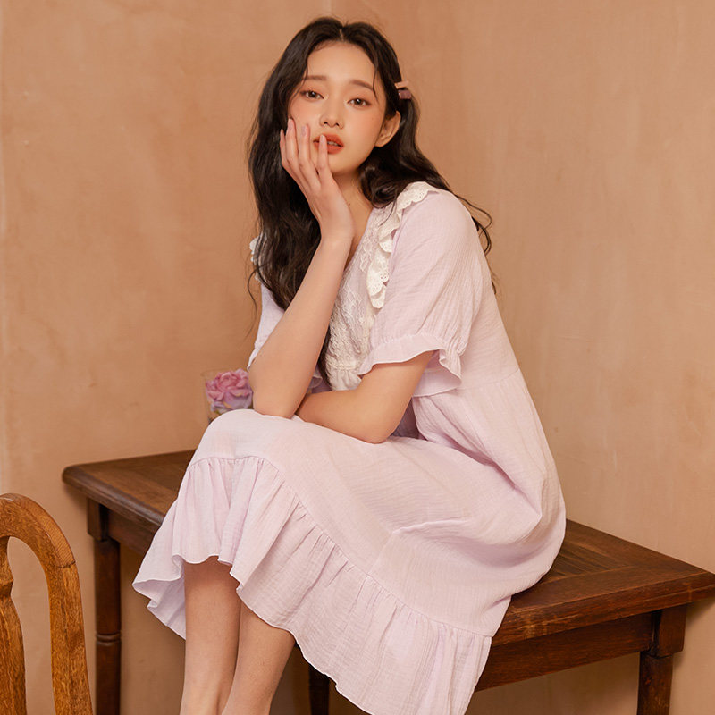 法式公主风2023春季新款紫色长款睡裙女短袖纯棉全棉甜美睡衣夏