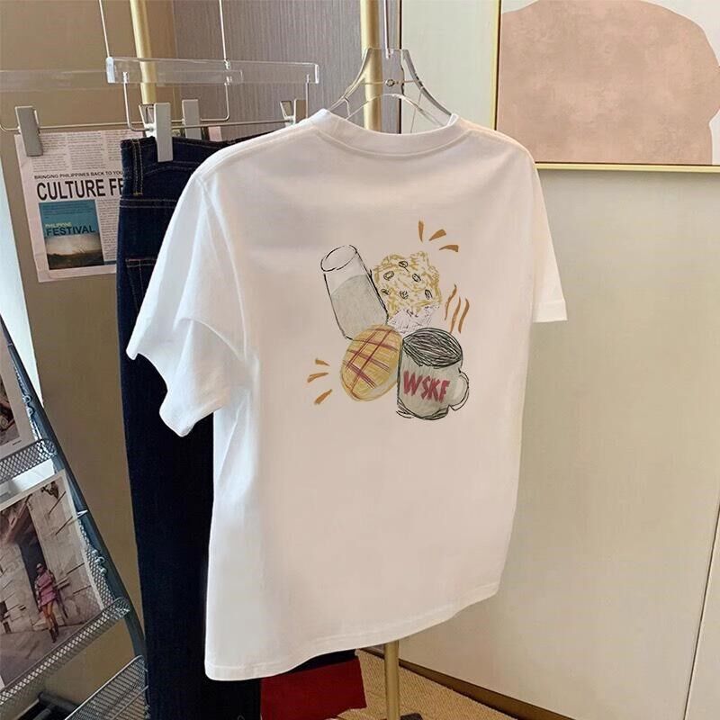 2025夏季新款设计感白色纯棉短袖t恤女宽松百搭时尚卡通印花上衣